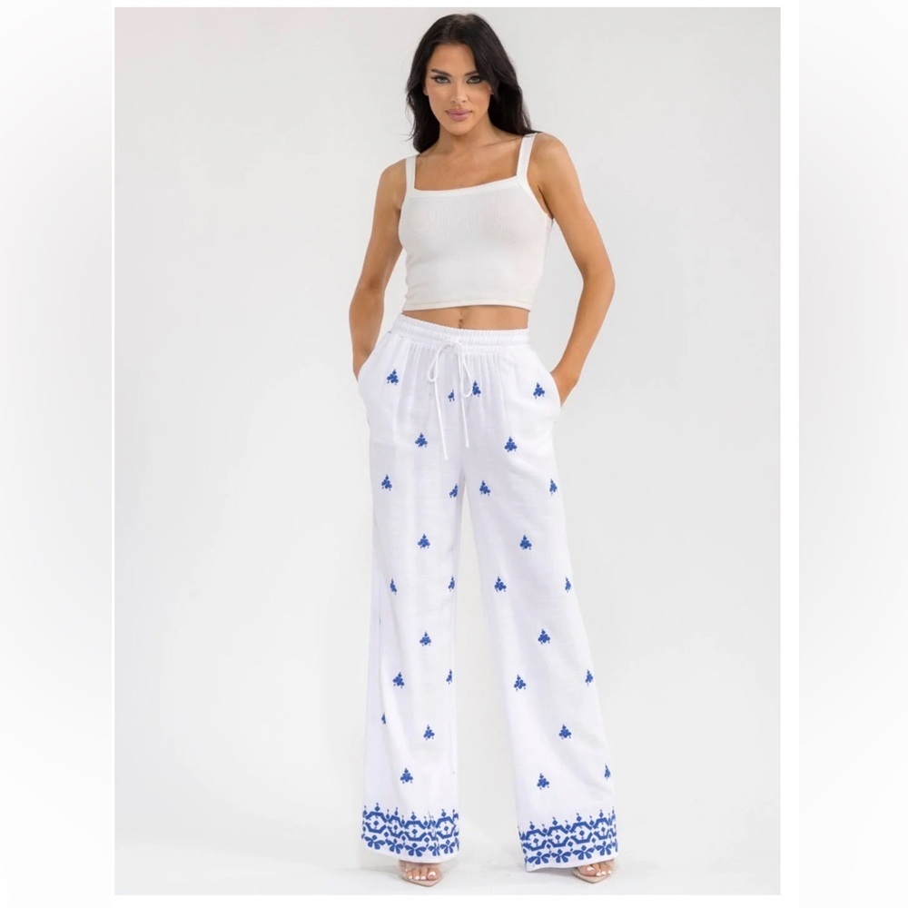 Bohemian Wide Leg Embroidered Linen Pants
